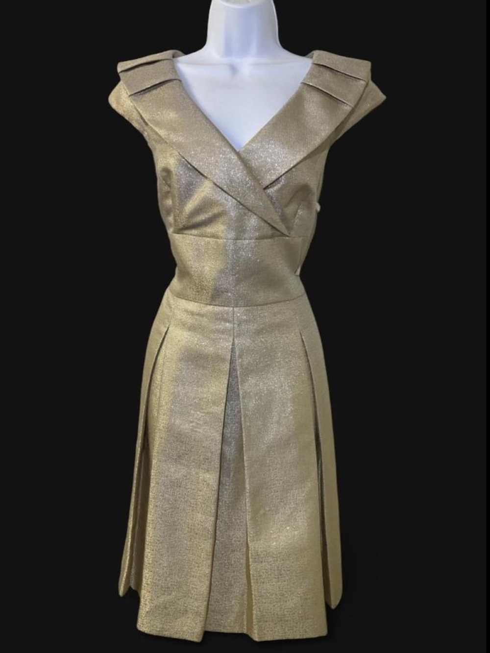 Tahari Gold Metallic V-Neck Pleated Midi Dress